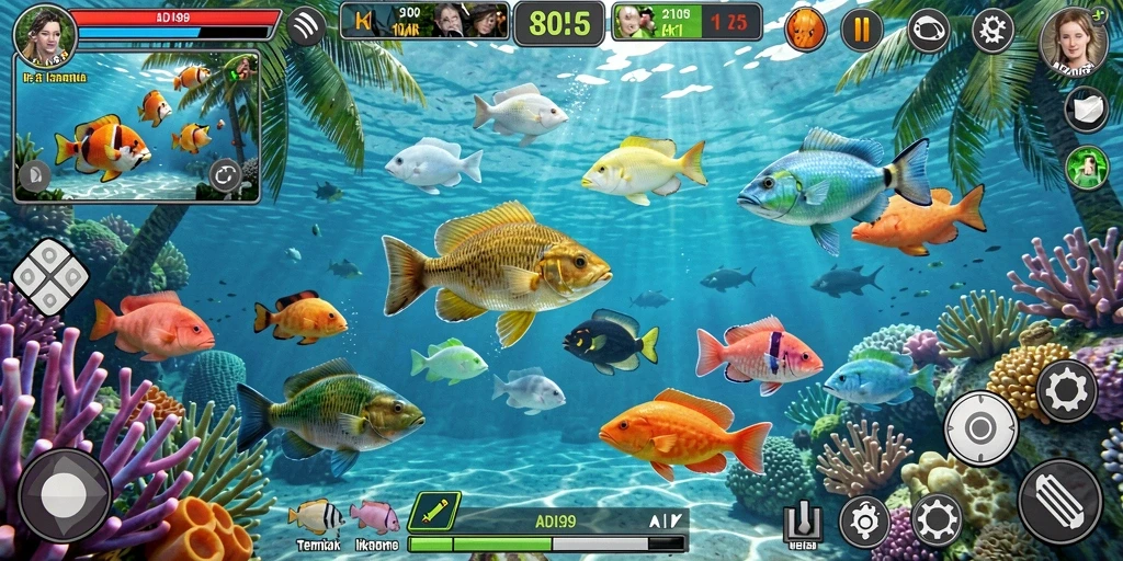 Tampilan gameplay ADI99 saat menembak ikan di bawah laut.