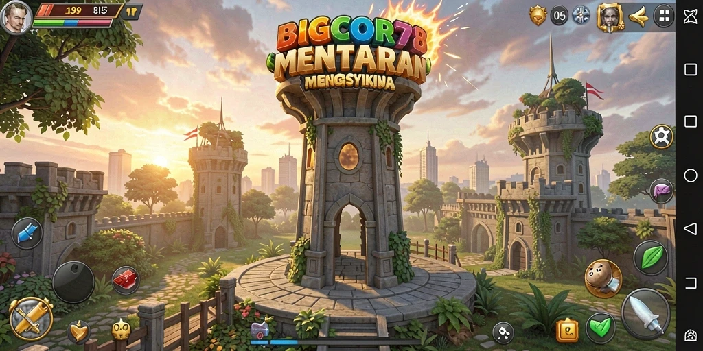 Screenshot utama gameplay BIGCOR78 menunjukkan aksi pertahanan menara yang intens.