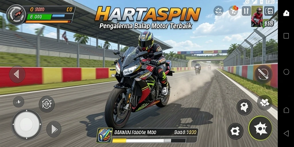 Screenshot gameplay HARTASPIN yang menunjukkan aksi balapan yang mendebarkan.