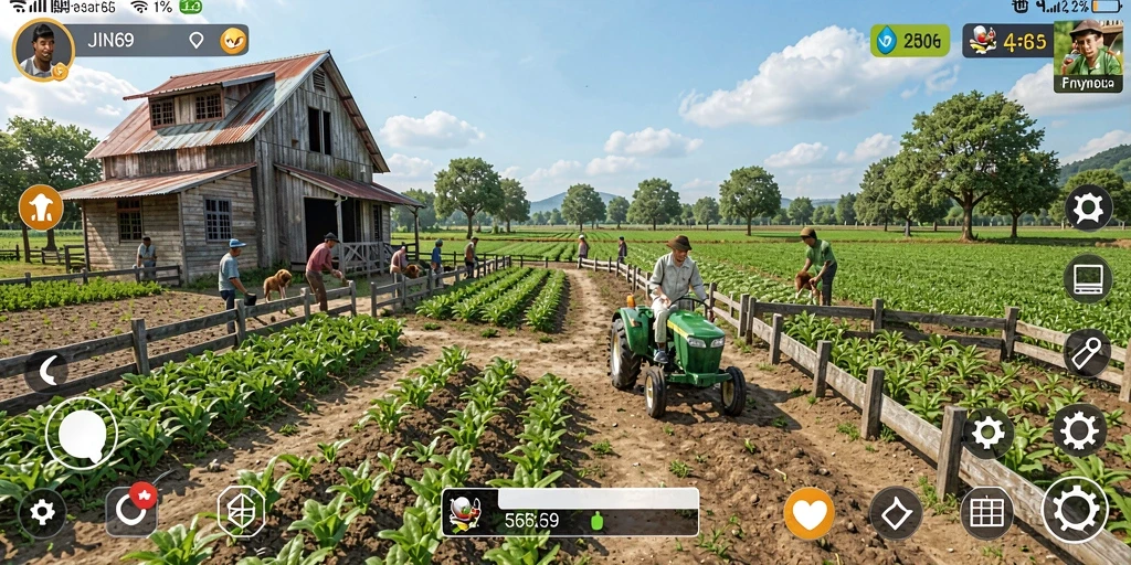 Tampilan indah dari gameplay pertanian JIN69 dengan berbagai tanaman.