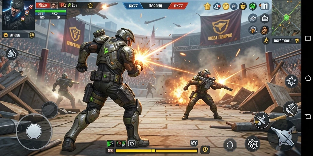 Screenshot menampilkan pertarungan intens di RK77 dengan efek visual menakjubkan.