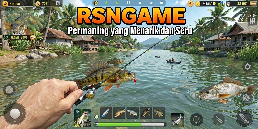 Tampilan gameplay RSNGAME yang menarik saat memancing di danau.